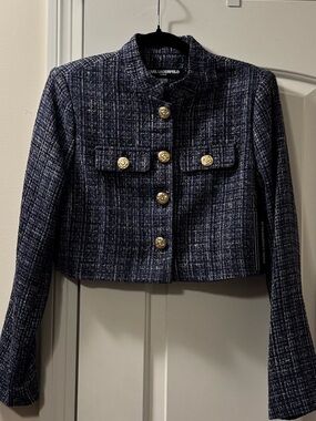 Karl Lagerfeld Navy Tweed Cropped Jacket with Gold Buttons